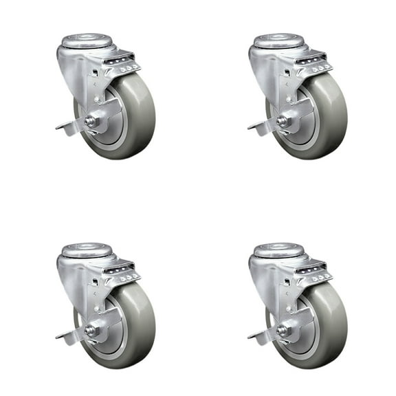 4 Inch SS Gray Polyurethane Wheel Swivel Bolt Hole Caster Set with Brake SCC