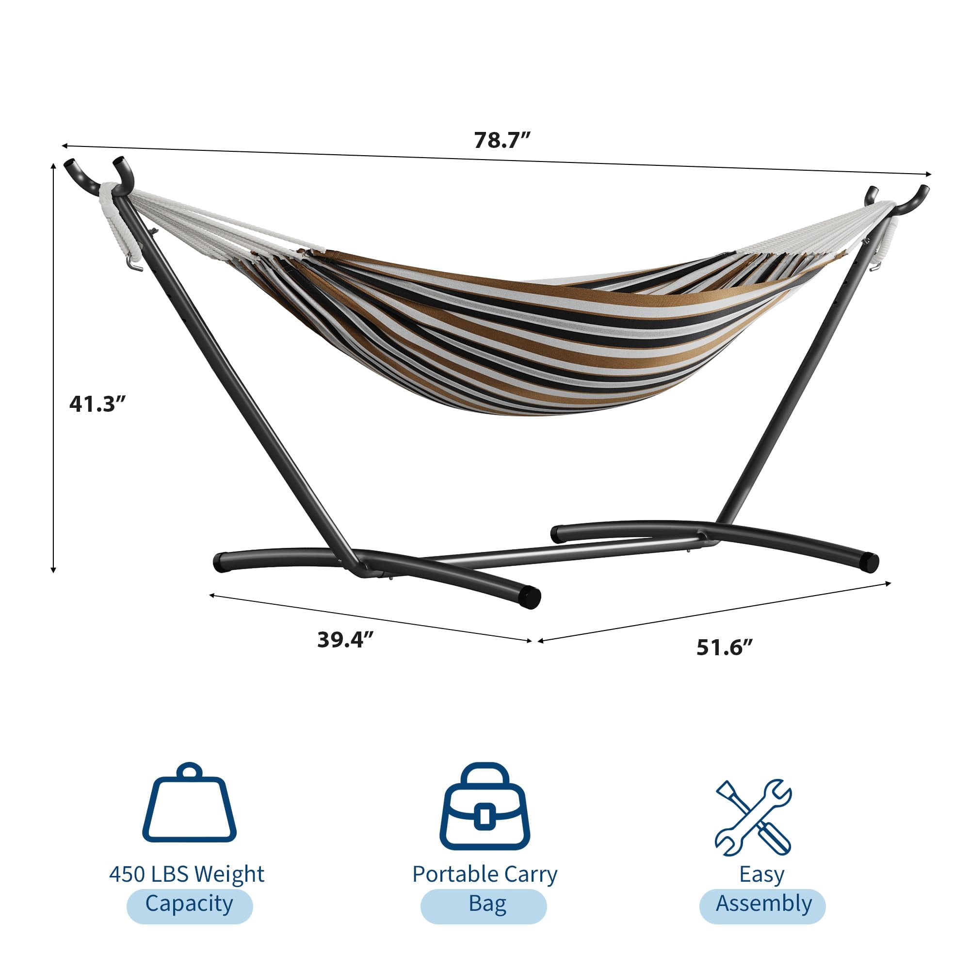2 Person Double Hammock with Heavy Duty Steel Stand - 450lbs Capacity Cotton Bed - Portable & Space-Saving - Indoor Outdoor Patio Camping Garden - Includes Carry Bag - Brown