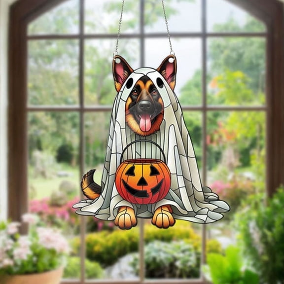 Halloween Stained Acrylic Window Hanging - Cute Dog Wall Decoration, Acrylic Halloween Ghost Dog with Pumpkin Gothic Decorations for Home, Tavern (Pumpkin Dog)