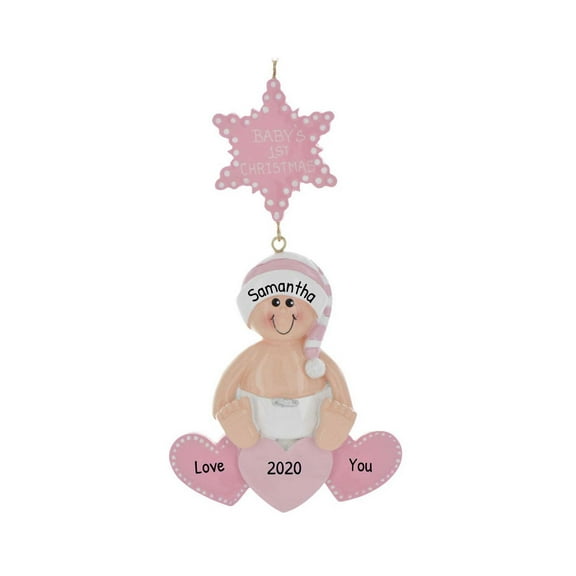 Personalized Baby Girl First Christmas Ornament 2024 - 1st Xmas Tree Ornament Keepsake, Pink Heart