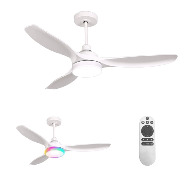 RGB Ceiling Fans with Lights 52 Inch, Quiet DC Motor LED Ceiling Fans with Remote for Bedroom, Living Room, Kitchen, 3CCT, 6 Speeds, Reversible, Dimmable, Timer, Memory, White