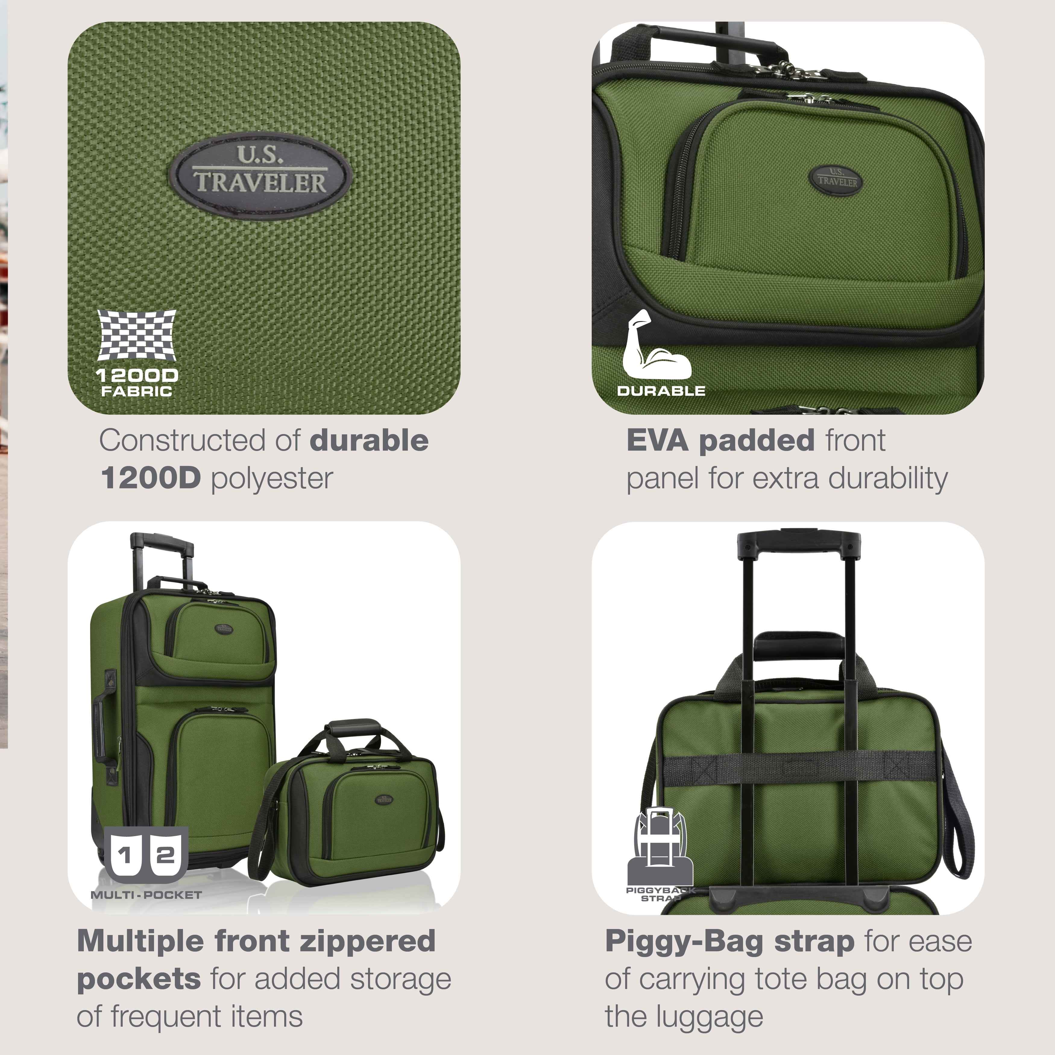 U.S. Traveler Rio Rugged Fabric Expandable Rolling Carry-on Luggage Set w/ Tote, Green, 2-Piece (21/10)