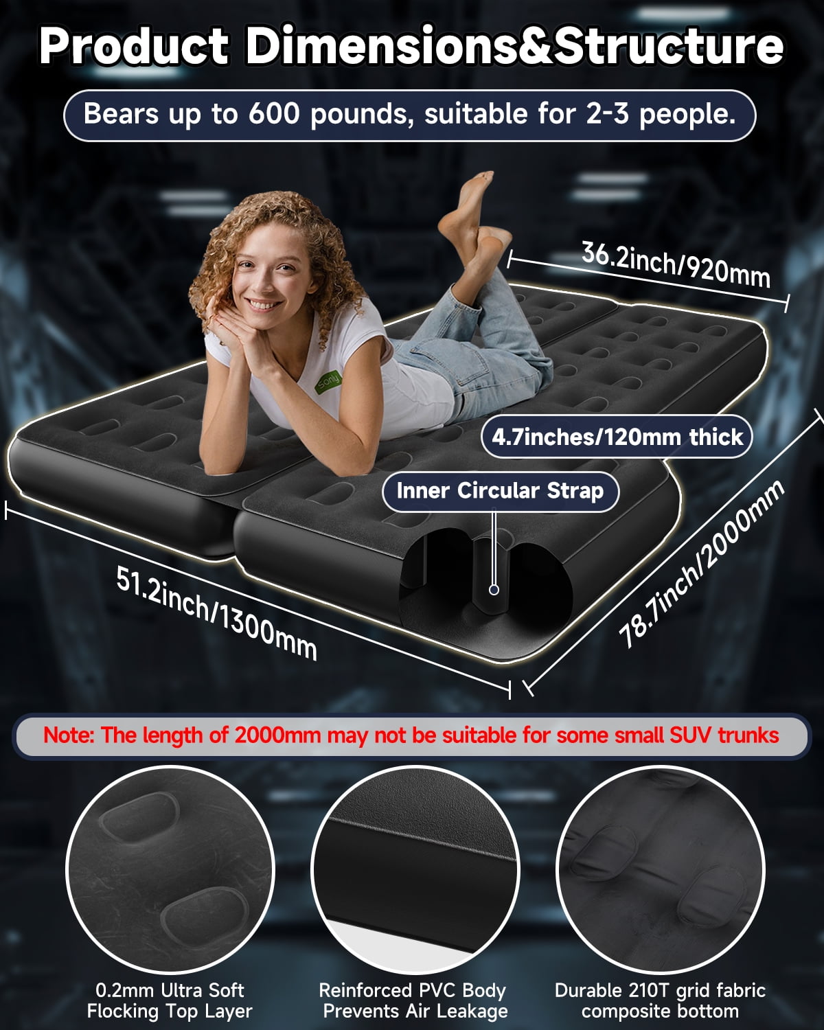 SUV Air Mattress, Dual Air Chambers Inflatable Car Trunk Bed with Electric Pump, Soft Flocked Surface, PVC Body & 210T Bottom, 4.7" Thick Car Camping Mattress for Road Trips, Black