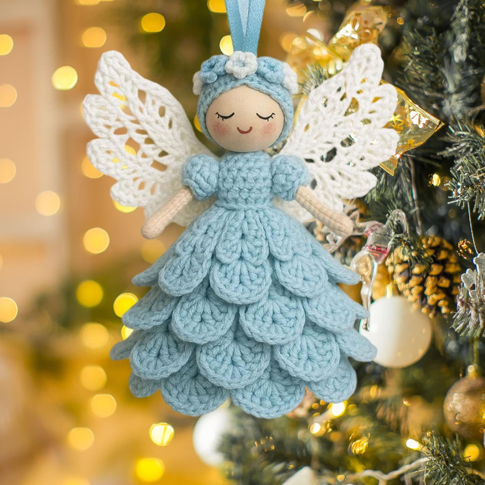 Christmas Crochet Angel Ornament Craft Kit - Cute Soft Knitted Yarn Pendant, Complete DIY Decor Set for Christmas Tree, Handmade Accessories for Personalized & Wall Decor, Light Blue, 5.91in