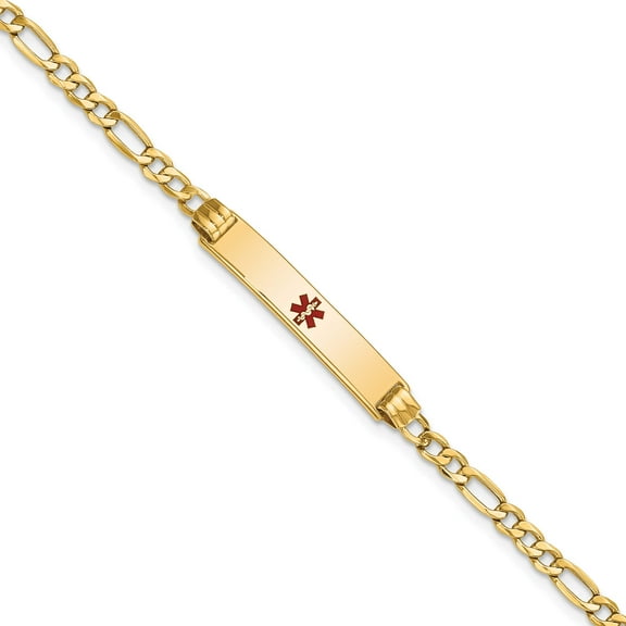 14K Yellow Gold Semi-Solid Medical Polished Red Enamel Figaro Id Bracelet (7 X 5.5) Made In United States xm556cr-7