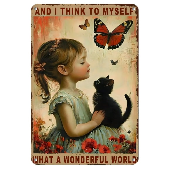 [2D Flat]Vintage Metal Tin Sign | 'What a Wonderful World' Cat & Girl Design | 8x12 Inch | Durable Wall Art for Home, Cafe, Garden, Bar, Office | Ideal for Living Room, Bedroom, Kitchen