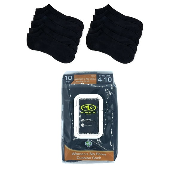 Athletic Works Women's No Show Socks with Cushion and Arch Support, 10-Pack, Size 4-10