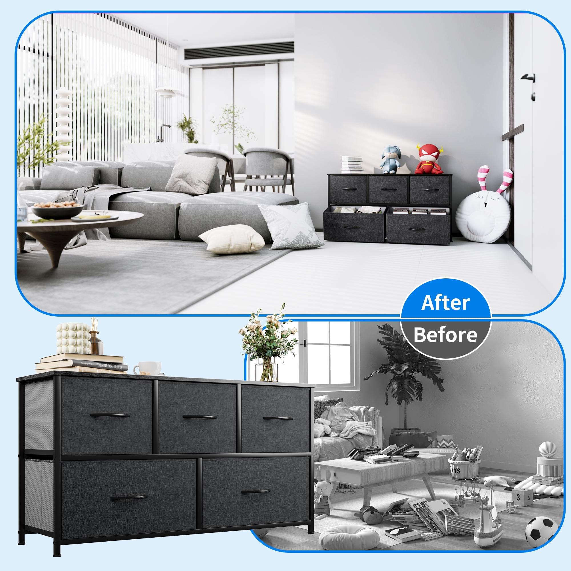 Uforic 5-Drawer Fabric Dresser for Adults with Wood Top for Bedroom, Living Room, Hallway, Black