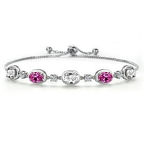 925 Sterling Silver White Created Sapphire and Pink Created Sapphire and Lab Grown Diamond Bracelet for Women | 5.20 Cttw | Gemstone September Birthstone | Oval 7X5MM | Fully Adjustable 9 inch