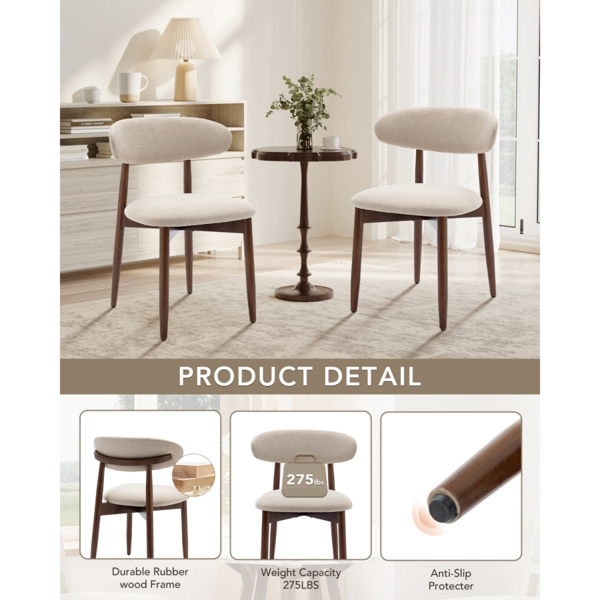 EOP Wooden Dining Chairs Set of 6, Farmhouse Kitchen Side Chairs with Foot Pegs, Mid-Century Modern Fabric Upholstered Dining Room Chairs for Kitchen, Dining Room, Beige