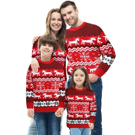 Deago Family Matching Christmas Sweater Round Neck Reindeer Snowflakes Ugly Knitted Sweater Pullover Tops for Men Women
