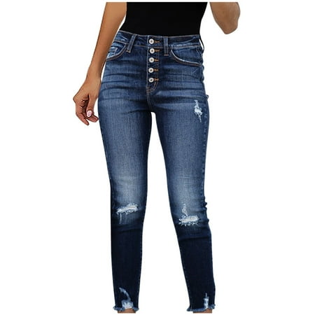 Womens Skinny Ripped Jeans High Waisted Button Destroyed Raw Hem Denim ...