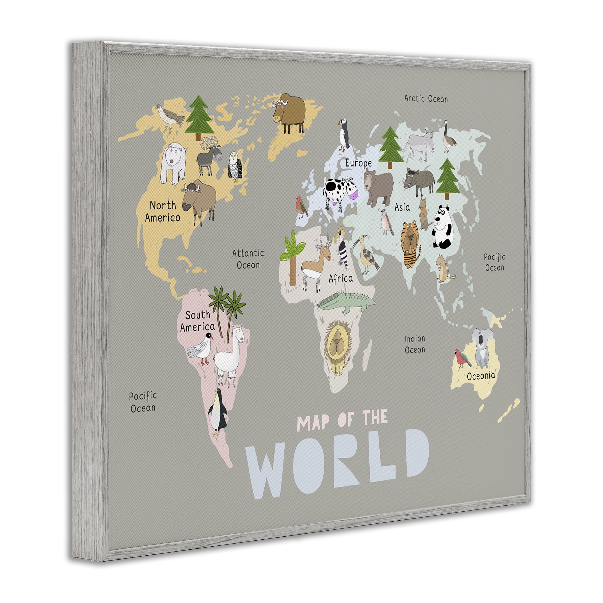 Kid's Map Of World Grey Gray Framed Giclee Art, design by Carla Daly