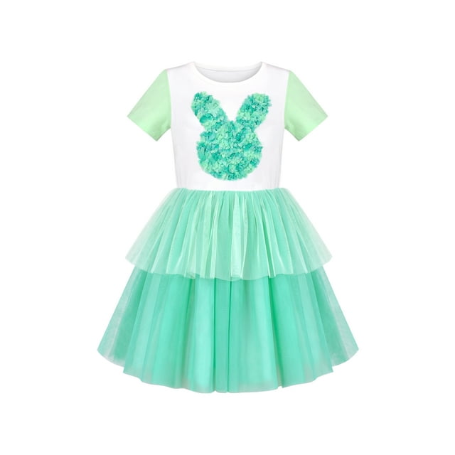 Robe Fille Lapin Vert Superposé Plissé Tulle Fête Décontractée Pâques 6 Ans