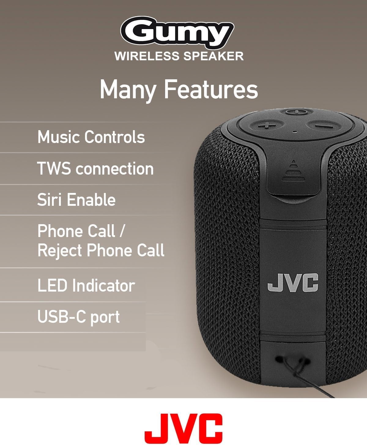 JVC Portable Gumy Wireless Speaker with Surround Sound, Bluetooth 5.3, Lightweight, TWS Capability, USB-C, up to 15-Hour Battery Life - SPSG1BTA (Blue)