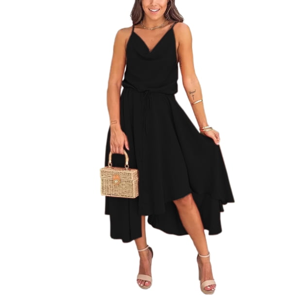 Txlixc Vestido largo holgado para mujer, color sólido, cuello en V, cordón en la cintura, sin mangas, vestido sin mangas Txlixc Moda