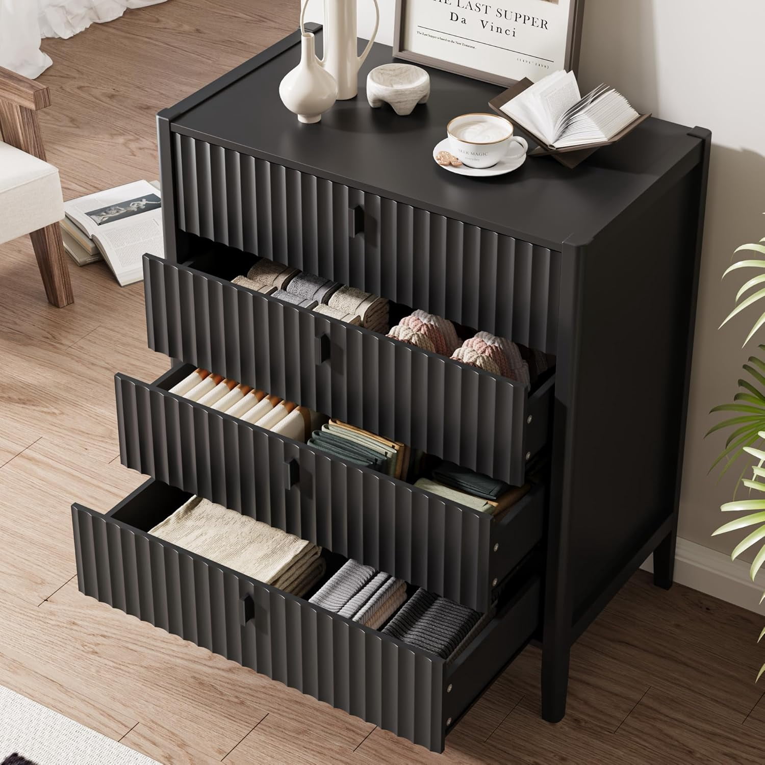 FURNIWAY Black Dresser for Bedroom, 4 Drawers Dresser Wood Storage Tower Clothes Organizer, Chest of 4 Drawers, Large Capacity Storage Cabinet, Nightstand for Bedroom, Hallway, Entryway