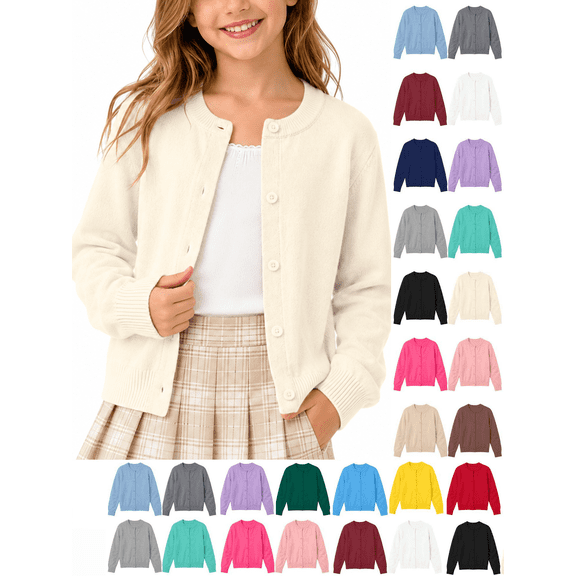 Hzzrkos Girls Casual Loose Solid Color Round Neck Long Sleeve Button Front Knit Cardigan Sweater Lightweight Soft Open Front Outerwear Jacket School Wear Coat Beige