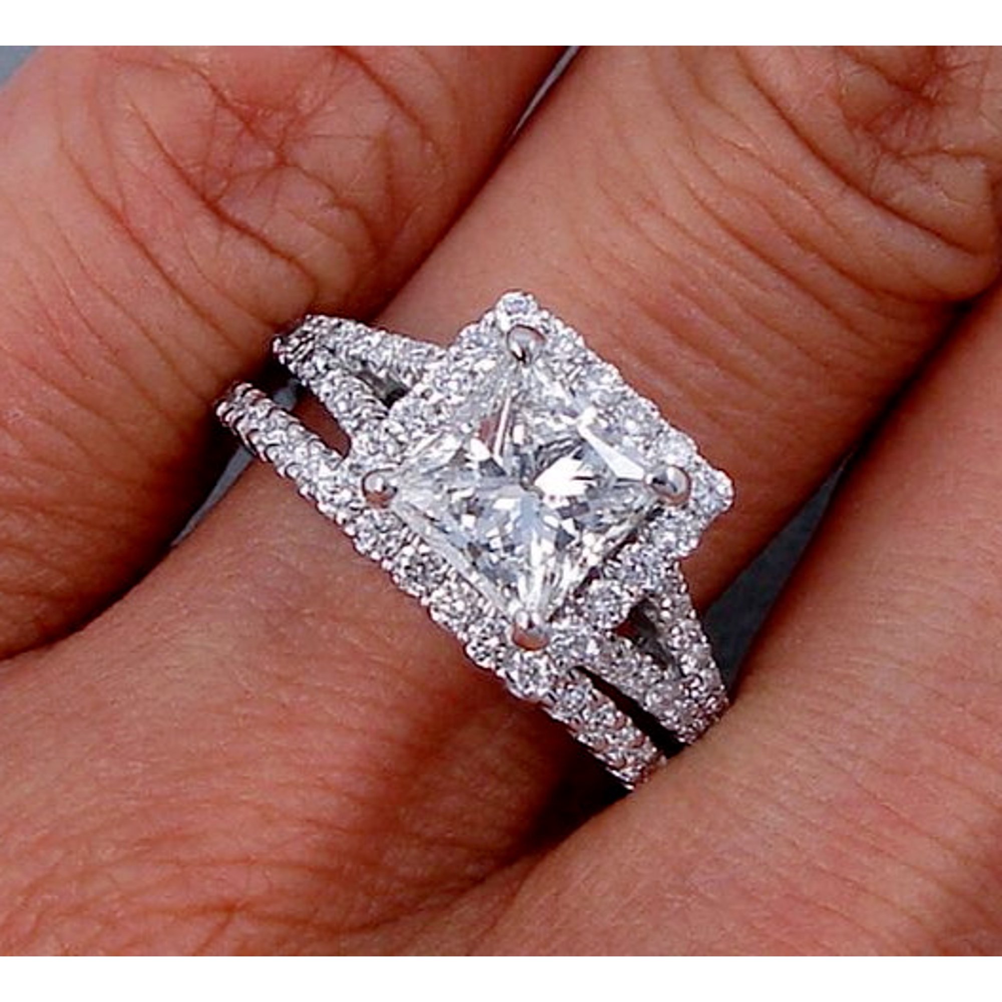 Silver & Stone Jewels 2Ct Princess Cubic Zirconia Bridal Set Engagement Rings 14K White Gold Plated