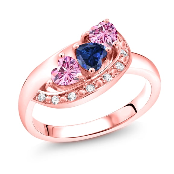 18K Rose Gold Plated Silver Blue Created Sapphire and Pink Moissanite and White Created Sapphire Engagement Ring for Women (1.06 Cttw, Gemstone September Birthstone, Heart Shape 4MM, Size 7)