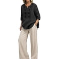 thumbnail image 3 of Womens 2 Piece Outfits 3/4 Sleeve Cotton Linen Embroidered Shirts Wide Leg Capri Pants with Pockets Matching Sets, 3 of 6