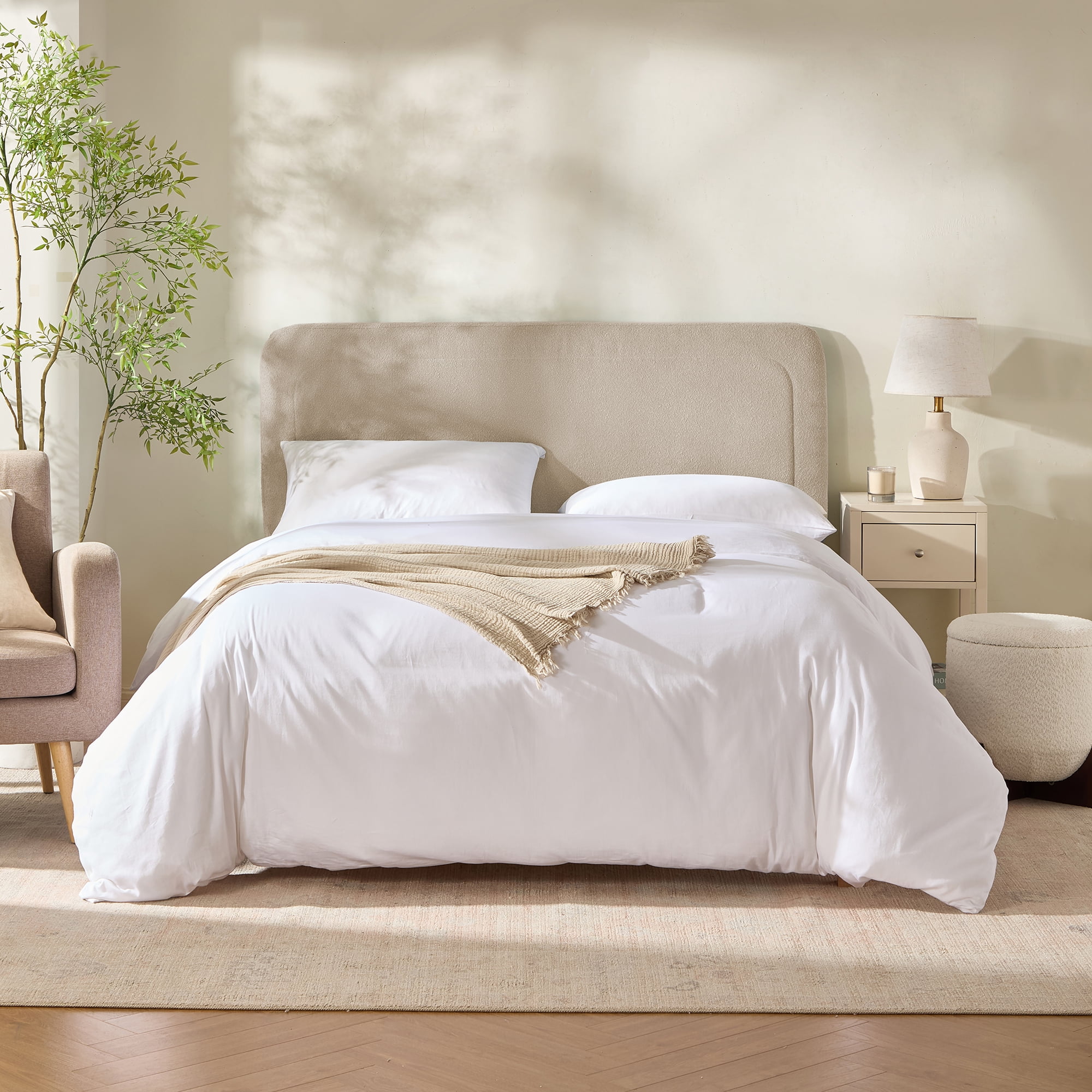 Virtu Queen Headboard No Tools Required Peel and Stick Upholstered Boucle Bed Headboard Only, Beige