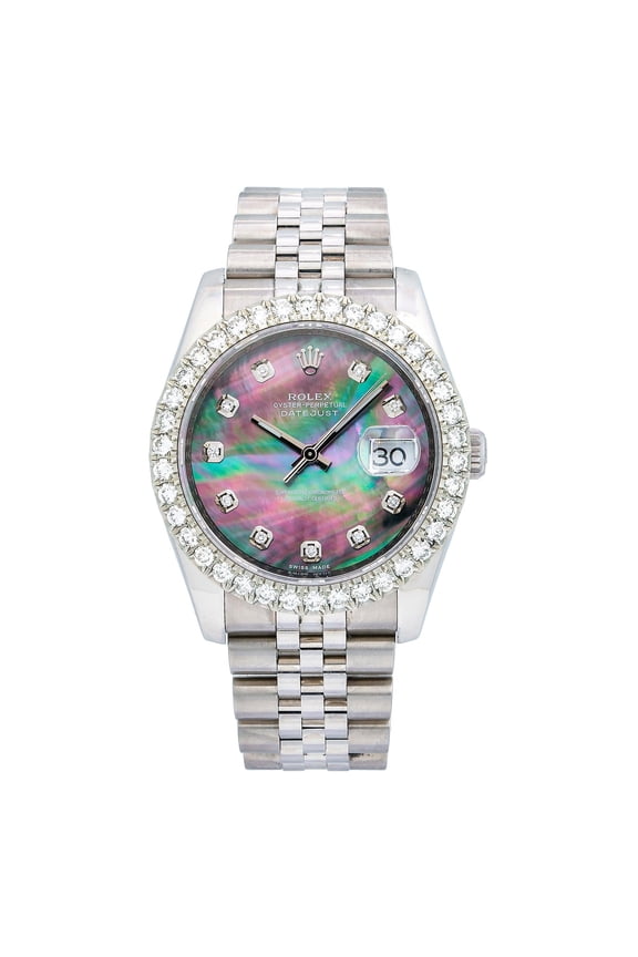 Pre-Owned Rolex Datejust 36MM 116234 Black Mother of Pearl Diamond Dial Diamond Bezel Stainless Steel Jubilee Bracelet 3.75ct
