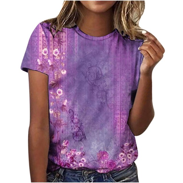 Blusa superior de cuello redondo SCZ estampado de flores manga corta Casual para mujer púrpura 4XL