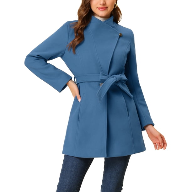 Abrigo largo de invierno con cinturón de manga larga y cuello de pie clásico para mujer INSPIRE CHIC XL gris oscuro azul