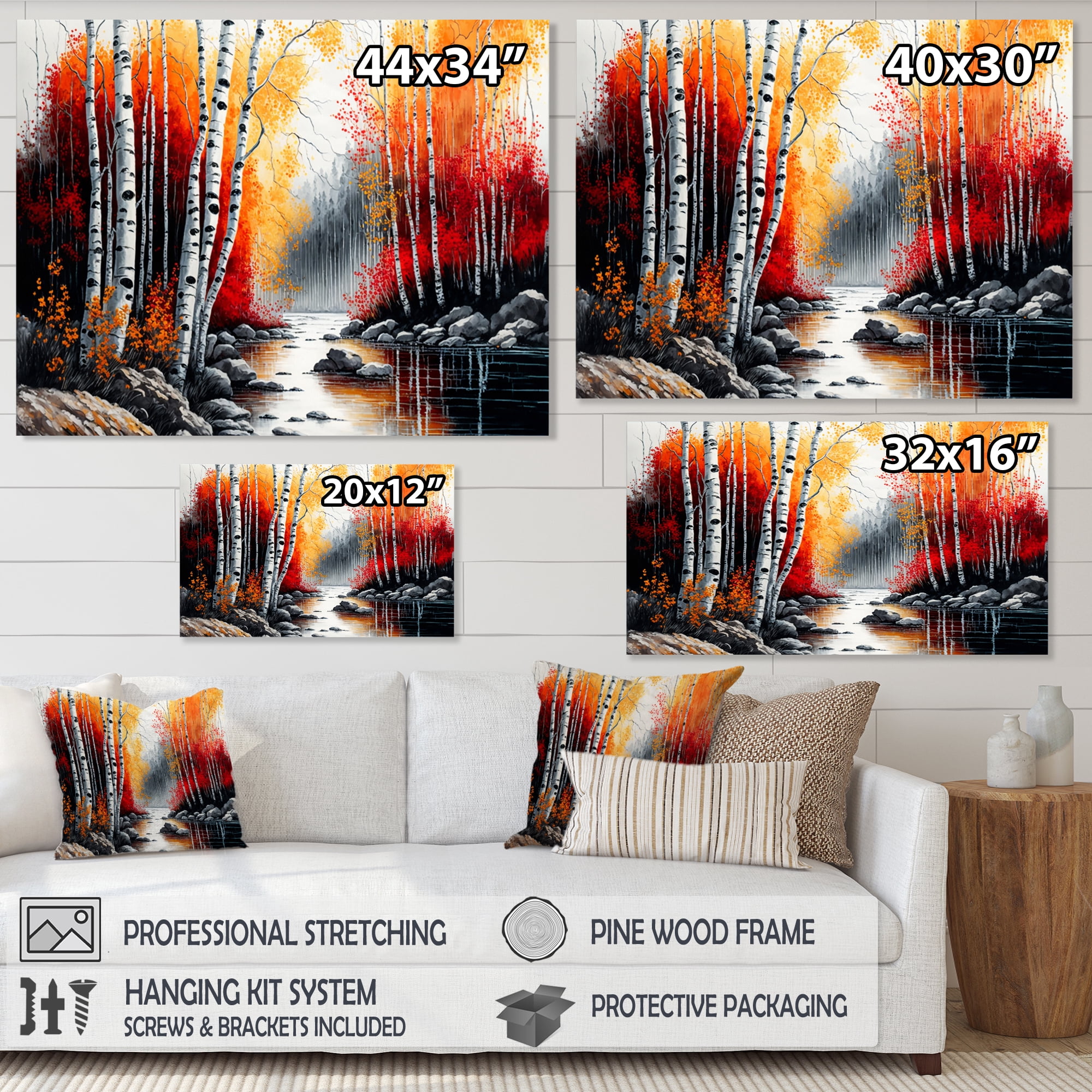 Designart Red And Orange Birch Trees By The River Canvas Wall Art