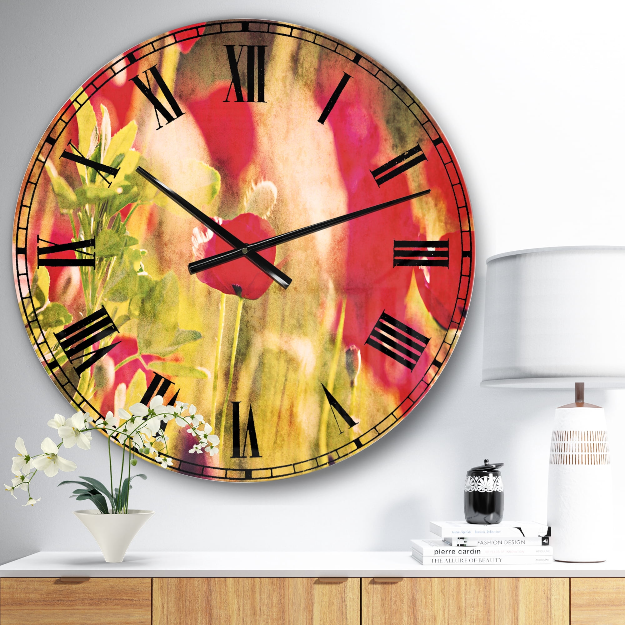 Designart 'Red Poppies on Green Background' Traditional wall clock
