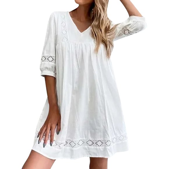 QUYUON White Dress Women,Summer Elbow-Length Short Sleeve V-Neck Lace Dresses Loose Casual Blouse Tops Shirt Mini Short Dress Pleated A-Line Flowy Dress Style D-6307 White XL