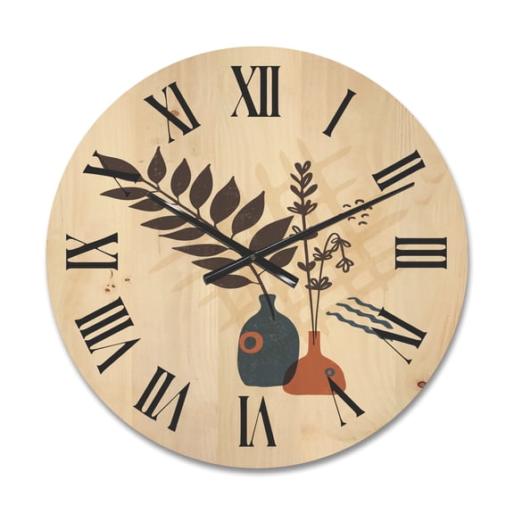 Designart 'Ancient Boho Art Minimalistic Flowers I' Modern Wood Wall Clock