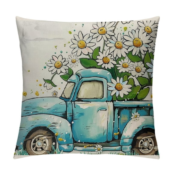 JRXY  Blue Truck Lumbar Decorative Throw Pillow Cover Spring Summer Daisy Flower Eucalyptus Leaves Rectangle Cushion Case Decor, Floral Butterfly Seasonal Home Decoration for Sofa Couch White
