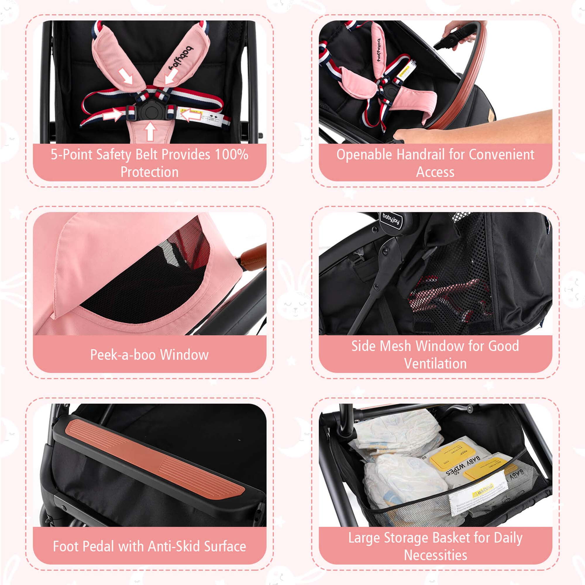 Costway Lightweight Baby Stroller Aluminium Frame with Net for Travel Pink