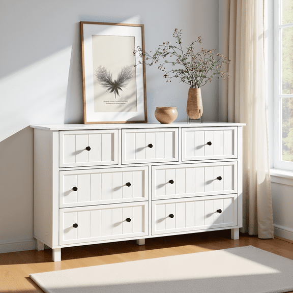 Farmhouse 7 Drawers Dresser, White Wood Storage Chest with Deep Drawers & Metal Handles, Multi-use Wide Dresser & TV Stand for Bedroom, Living Room, Closet, Hallway