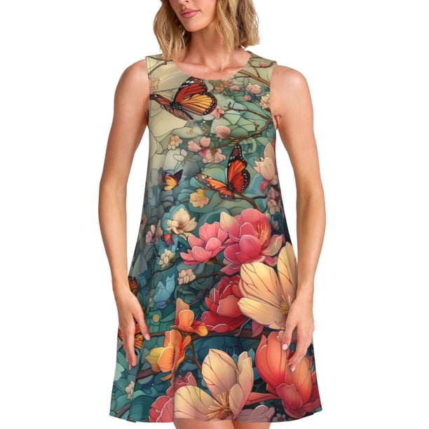 Disketp Butterflies In Blooming Garden para Vestido sin Mangas para Mujeres, Vestidos de Verano para Mujeres, Casual y Holgado para la Playa