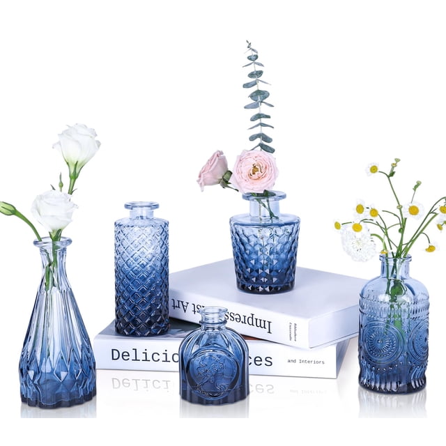 Jarrones Glass Bud UPBUD, azul marino, juego de 5 para centros de mesa