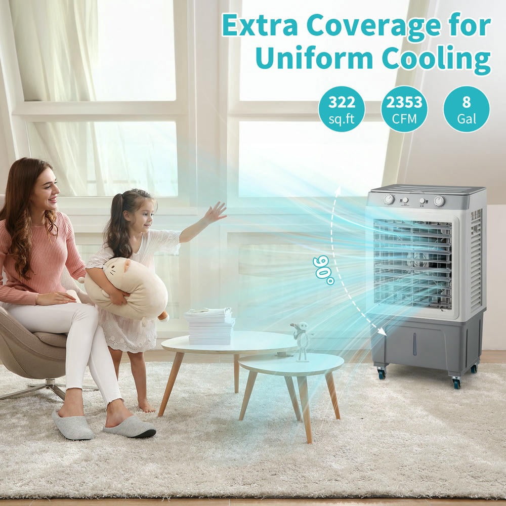 GVN 3 in 1 Portable Evaporative Cooler, Indoor, Outdoor, Personal Air Cooler, 7.9 Gal Large Water Tank & Scroll Casters, 4 Ice Packs, White, Manual Control