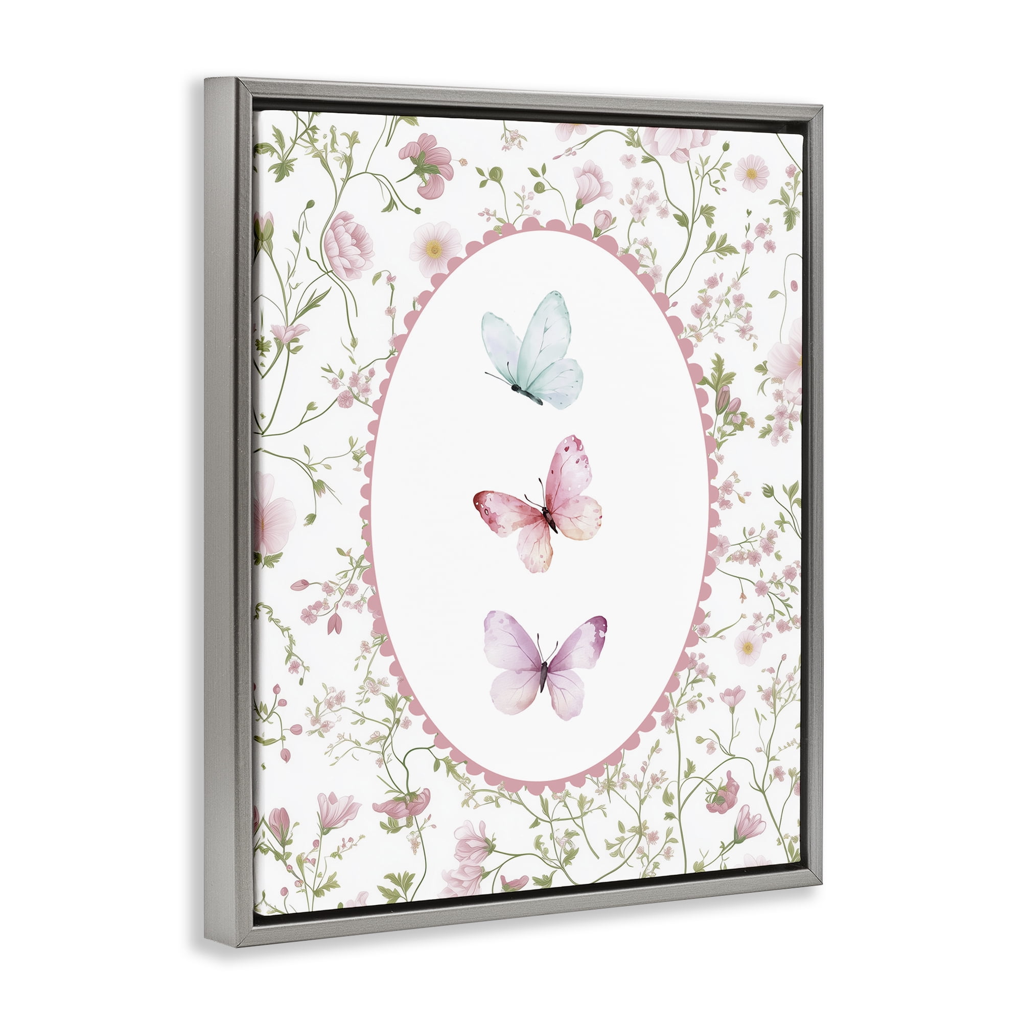 Delicate Florals & Butterfly Gray Framed Floater Canvas Wall Art, design by Christine Simpson Art