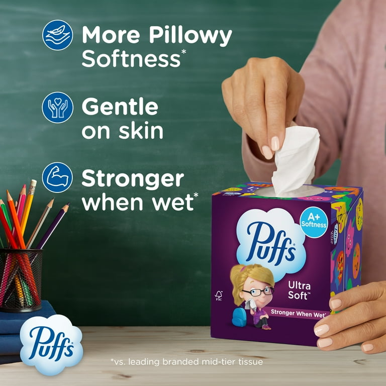 Puffs Ultra Soft Non-Lotion Facial Tissues, 4 Mega Cube Boxes, Purple, 72 Tissues per Box