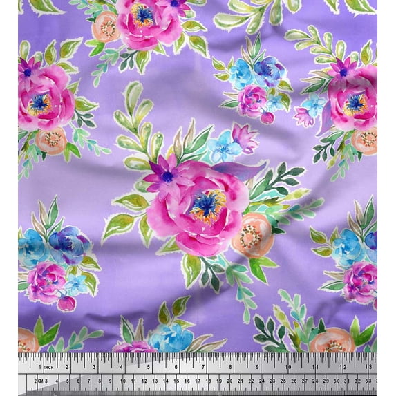 Soimoi Purple Viscose Chiffon Fabric Leaves & Pink Floral Watercolor Printed Fabric 1 Yard 42 Inch Wide