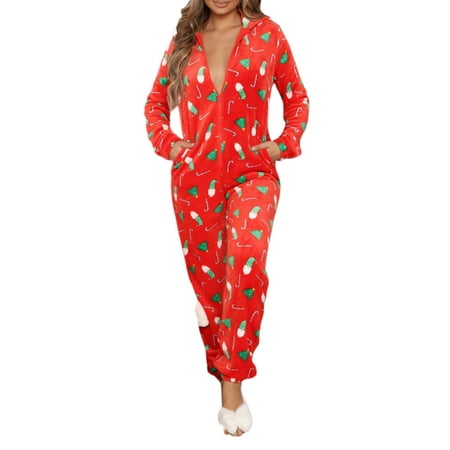 

AMILIEe Christmas Onesie Pajamas for Women Fleece Hooded Jumpsuit Sleepsuit