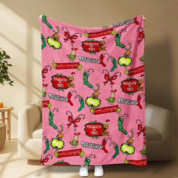 Christmas Throw with Naughty or Nice Designs, Festive Icons, Soft Lightweight Cozy Blanket for Sofa Bed TV Time, Holiday Gift