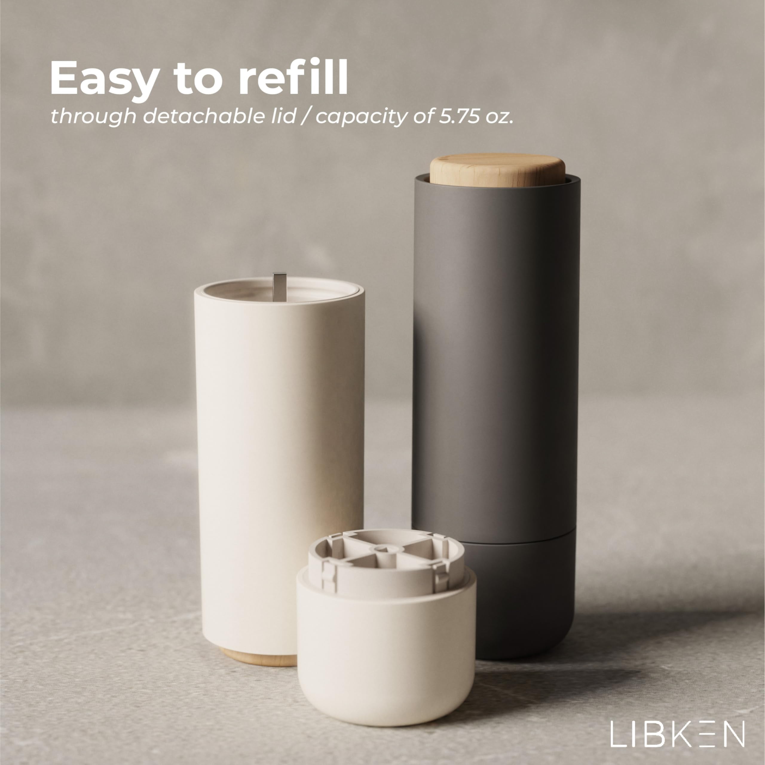 LIBKEN - Salt and Pepper Grinder Set - Adjustable Ceramic Grinder - Premium Spice Shaker - Condiments Dispenser - Easy to Refill - Wood and soft coated plastic - 6.2 x 2.2 inch (White and Grey)