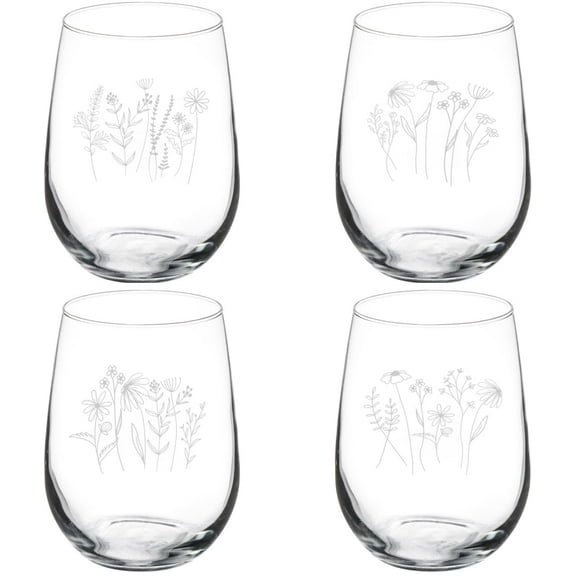Set of 4 Wine Glass Gift Wildflowers Collection (17 oz Stemless)