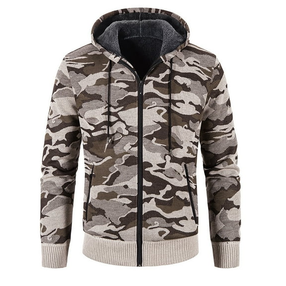 Camo Zip Up Hoodie Men Fleece Line Winter Warm Streetwear Jacket Oversized Military Combat Camouflage Coat Size-L
