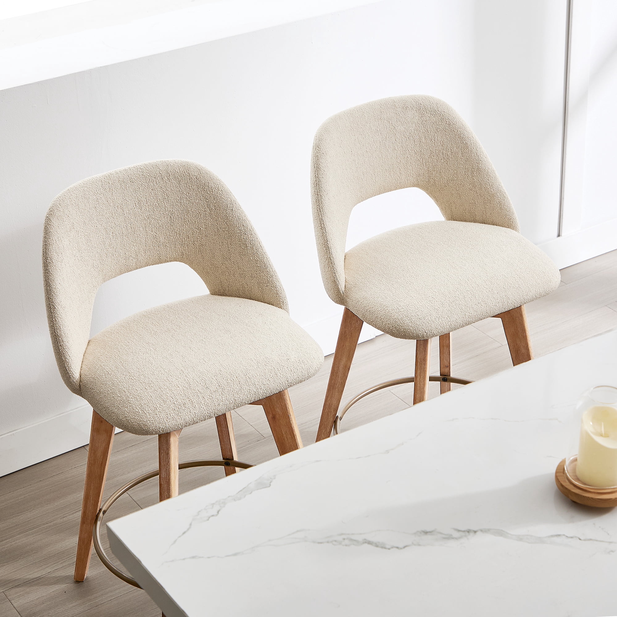 Zesthouse 26.8" Swivel Bar Stools Set of 2, Linen Upholstered Counter Height Stools with Open Back and Brushed Wooden Legs, Mid Century Barstools Kitchen Bar Chairs for 36"-39" Countertop, Beige