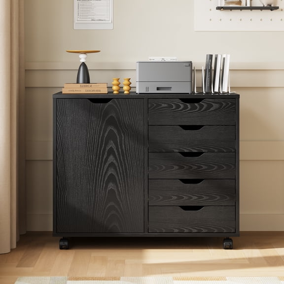 GALAXHERO 5-Drawer Storage Cabinet, Mobile Printer Stand Filing Cabinet for Home Office, Wood File Cabinet, Black