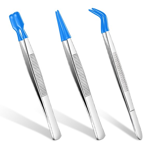 Lsupdaol 3 Pieces Tweezers with Rubber Tips PVC Coated Set Rubber Straight Flat Tip Long Bent Tweezers for Crafts Stamps Beads Jewelry Tools(Blue)